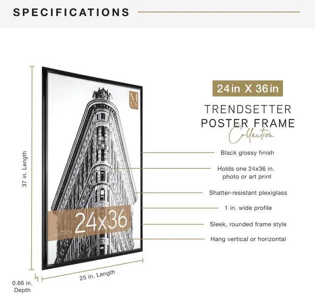 Alt view image 4 of 7 - Trendsetter 24x36 Poster Frame Black High-Gloss, Vertical & Horizontal Wall Hanging Large Picture Frame for Photos, Posters & Art Prints (1-Pack)