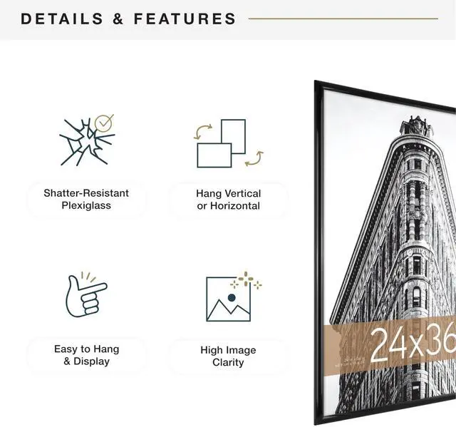 Alt view image 6 of 7 - Trendsetter 24x36 Poster Frame Black High-Gloss, Vertical & Horizontal Wall Hanging Large Picture Frame for Photos, Posters & Art Prints (1-Pack)