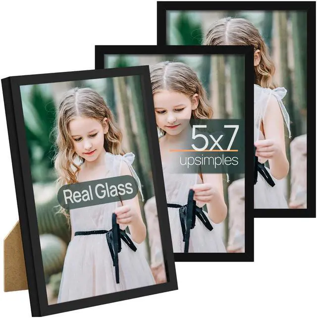 Main image of 5x7 Picture Frame Set of 3, Made of High Definition Glass for 5 x 7 Black Frames, Wall and Tabletop Display Thin Border Photo Frame for Home Décor