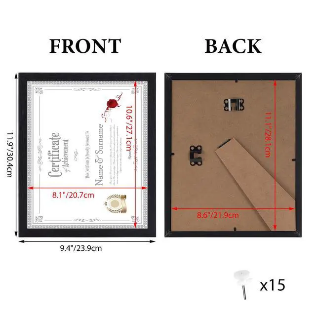 Alt view image 7 of 7 - 8.5 x 11 Picture Frame Set of 15, Black Photo Frames 8.5 by 11 for Certificate Diploma Document, Wall Hanging or Tabletop Display
