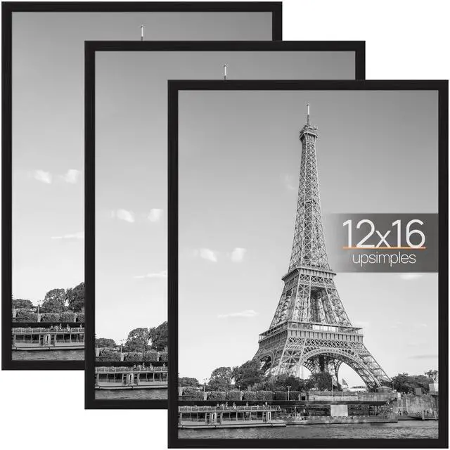 Main image of 12x16 Picture Frame Black 3 Pack, Scratch-Proof Poster Frames 12 x 16 for Photo Gallery - Slide-In Strips, Horizontal or Vertical Wall Mounting
