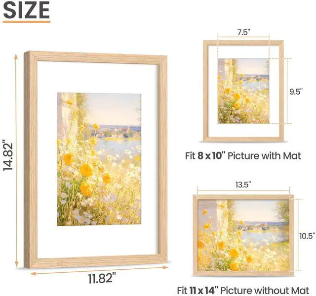 Alt view image 2 of 7 - 11x14 Picture Frame, Natural Solid Wooden Picture Frames, Display 8x10 with Mat or 11 x 14 Without, Vertical or Horizontal Wall Hanging, 1 Pack, Natural