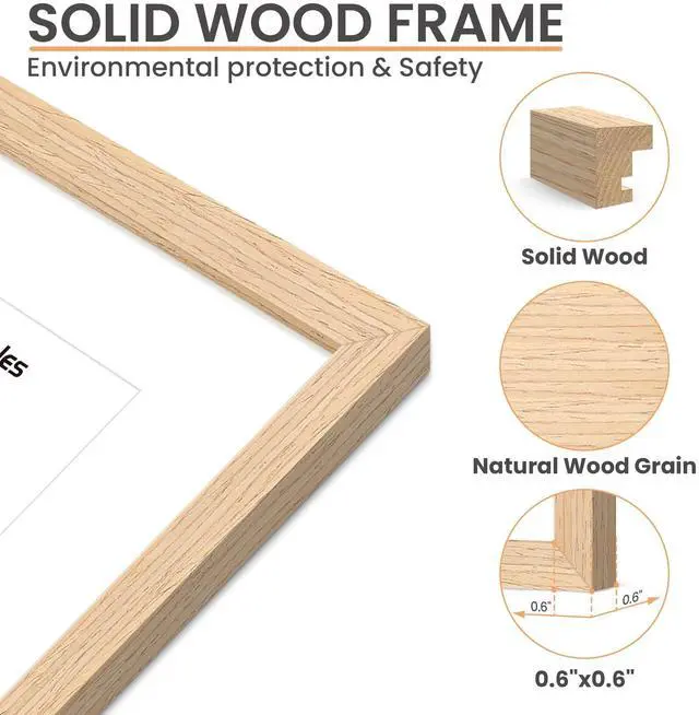 Alt view image 3 of 7 - 11x14 Picture Frame, Natural Solid Wooden Picture Frames, Display 8x10 with Mat or 11 x 14 Without, Vertical or Horizontal Wall Hanging, 1 Pack, Natural