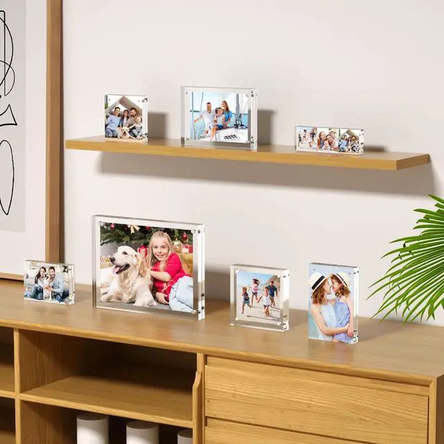 Alt view image 6 of 7 - 4x6 Acrylic Picture Frames 3 Pack, 20% Thicker Block, Clear Picture Frames Freestanding Double Sided Magnetic Acrylic Lucite Frameless Transparent Square Frame Gift for Desktop Display