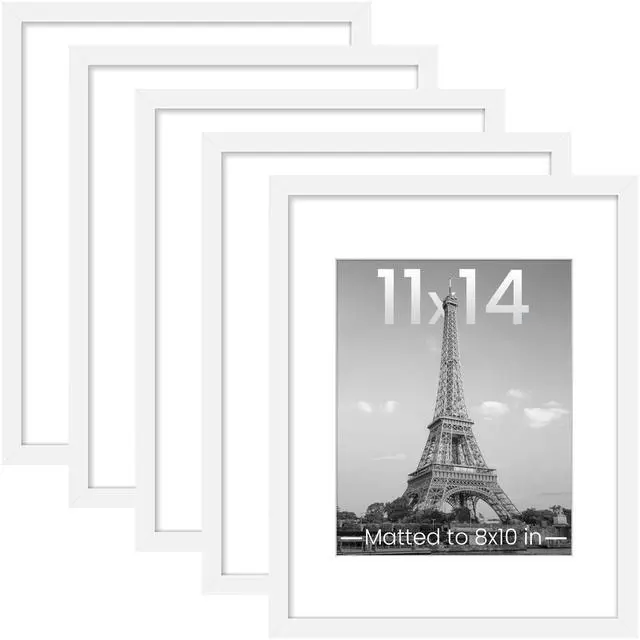 Main image of 11x14 Picture Frame Set of 5, Display Pictures 8x10 with Mat or 11x14 Without Mat, Wall Gallery Photo Frames, White