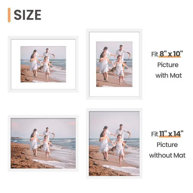Alt view image 5 of 7 - 11x14 Picture Frame Set of 5, Display Pictures 8x10 with Mat or 11x14 Without Mat, Wall Gallery Photo Frames, White