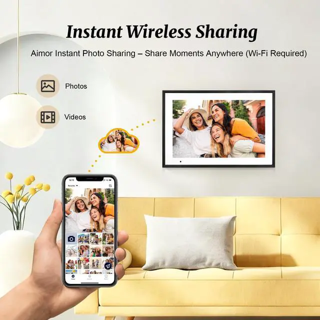 Alt view image 3 of 7 - Digital Picture Frame 10.1 Inch Digital Photo Frame 32GB Storage, WiFi Picture Frame with1280x800 IPS Touch Screen, Auto-Rotate Photo Frame Share Your Photos and Videos via AiMOR App, Black