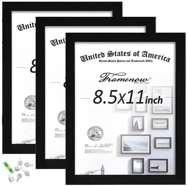 Main image of 8.5x11 Picture Frames Set of 3, Shatter-Resistant Glass Display Certificate or Pictures 8.5 by 11,To Wall and Tabletop Mounting, black.