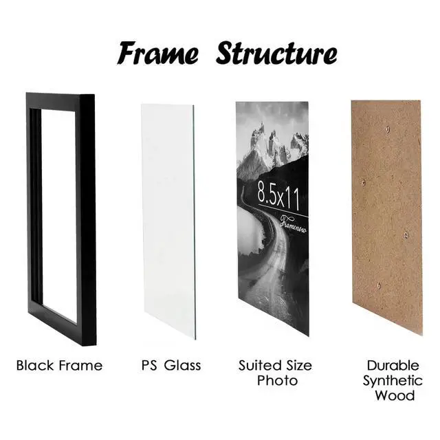 Alt view image 3 of 7 - 8.5x11 Picture Frames Set of 3, Shatter-Resistant Glass Display Certificate or Pictures 8.5 by 11,To Wall and Tabletop Mounting, black.