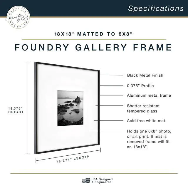 Alt view image 3 of 6 - Master & Co. Foundry Metal 18x18 Matted Picture Frame with 8x8 Photo Display, Black Vertical & Horizontal Wall Hanging Frame for Photos & Artwork (1-Pack)