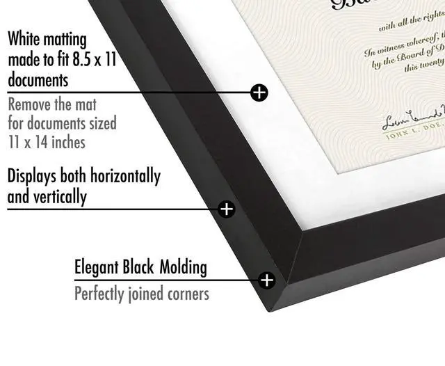 Alt view image 3 of 7 - 11x14 Diploma Frame with Shatter-Resistant Glass - Set of 2 - Use as 8.5x11 Frame with Mat or Display 11x14 Documents Without Mat - Certificate Frames with Engineered Wood - Black