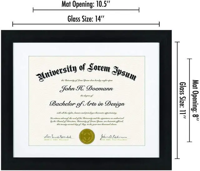 Alt view image 2 of 7 - 11x14 Diploma Frame with Shatter-Resistant Glass - Set of 2 - Use as 8.5x11 Frame with Mat or Display 11x14 Documents Without Mat - Certificate Frames with Engineered Wood - Black
