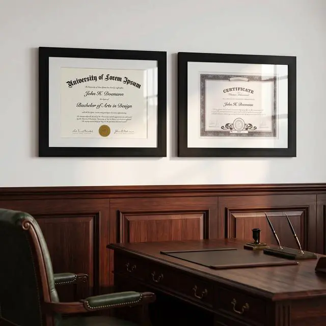 Alt view image 6 of 7 - 11x14 Diploma Frame with Shatter-Resistant Glass - Set of 2 - Use as 8.5x11 Frame with Mat or Display 11x14 Documents Without Mat - Certificate Frames with Engineered Wood - Black