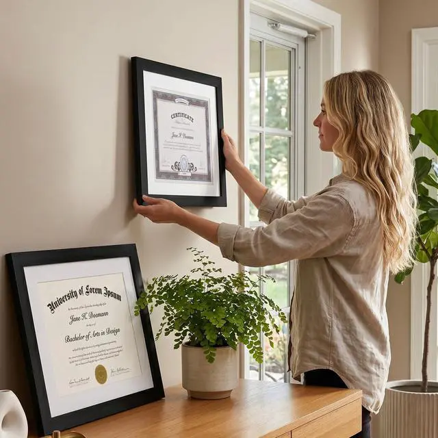 Alt view image 5 of 7 - 11x14 Diploma Frame with Shatter-Resistant Glass - Set of 2 - Use as 8.5x11 Frame with Mat or Display 11x14 Documents Without Mat - Certificate Frames with Engineered Wood - Black