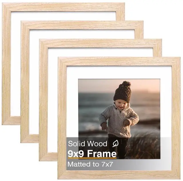 Main image of 9x9 Picture Frame, Natural Square Solid Wood Frames for Pictures 6x6 with Mat or 9x9 without Mat, Wall and Tabletop Display Photo Frames Natural Wood 4 Pack