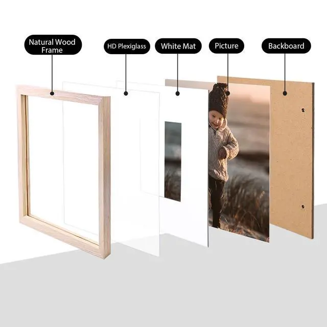Alt view image 3 of 6 - 9x9 Picture Frame, Natural Square Solid Wood Frames for Pictures 6x6 with Mat or 9x9 without Mat, Wall and Tabletop Display Photo Frames Natural Wood 4 Pack