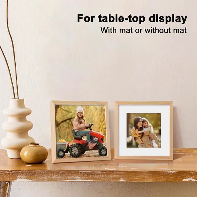Alt view image 5 of 6 - 9x9 Picture Frame, Natural Square Solid Wood Frames for Pictures 6x6 with Mat or 9x9 without Mat, Wall and Tabletop Display Photo Frames Natural Wood 4 Pack
