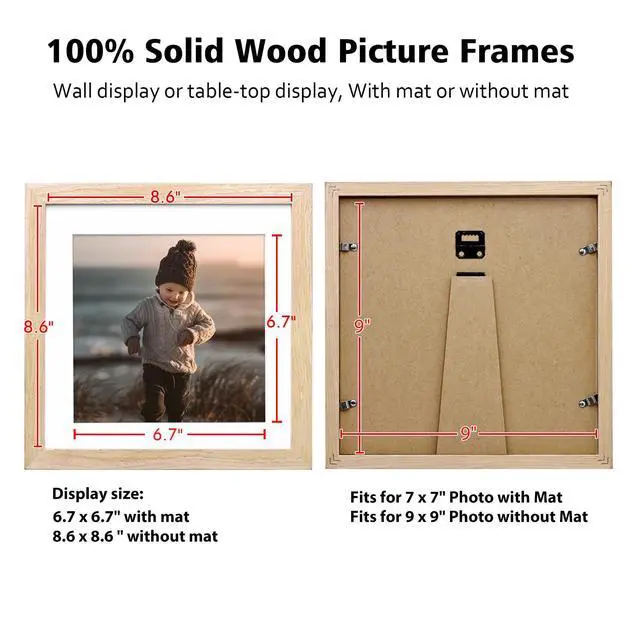 Alt view image 6 of 6 - 9x9 Picture Frame, Natural Square Solid Wood Frames for Pictures 6x6 with Mat or 9x9 without Mat, Wall and Tabletop Display Photo Frames Natural Wood 4 Pack