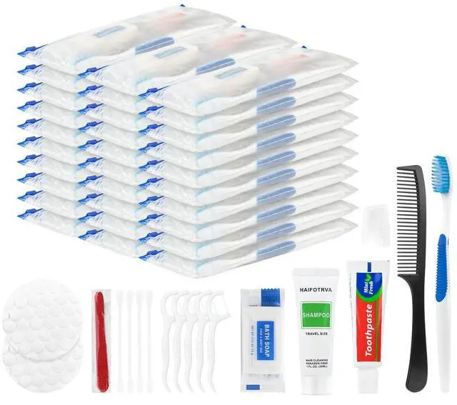 Main image of 7-in-1 Travel Toiletries Kit Bulk, Disposable Personal Hygiene Kit with Toothbrush, Toothpaste, Floss, Shampoo, Soap, Comb, Vanity Kit with Zip Bag for Hotel Guest Donations Supplies, Pack of 10