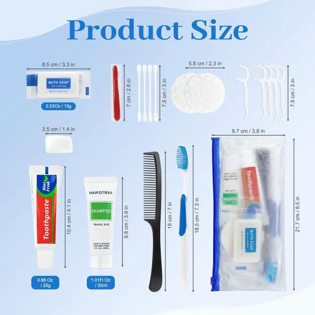 Alt view image 2 of 7 - 7-in-1 Travel Toiletries Kit Bulk, Disposable Personal Hygiene Kit with Toothbrush, Toothpaste, Floss, Shampoo, Soap, Comb, Vanity Kit with Zip Bag for Hotel Guest Donations Supplies, Pack of 10