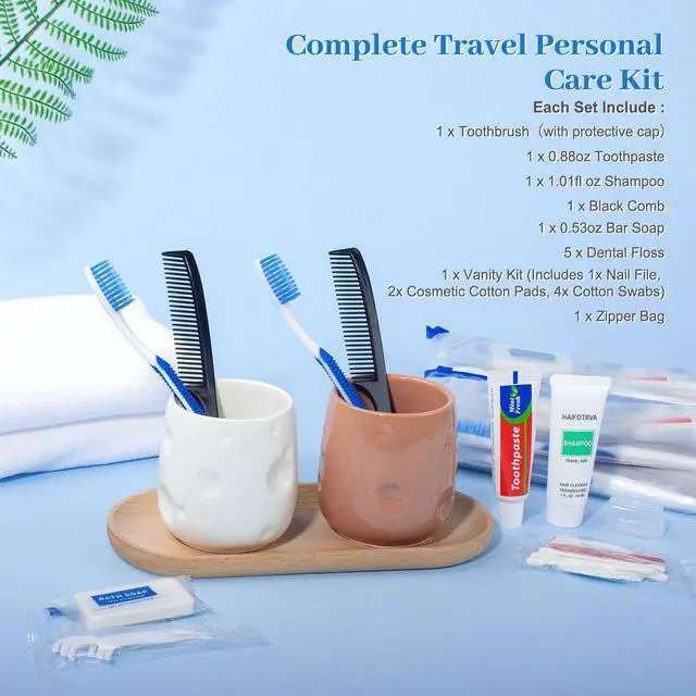 Alt view image 3 of 7 - 7-in-1 Travel Toiletries Kit Bulk, Disposable Personal Hygiene Kit with Toothbrush, Toothpaste, Floss, Shampoo, Soap, Comb, Vanity Kit with Zip Bag for Hotel Guest Donations Supplies, Pack of 10