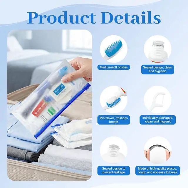 Alt view image 4 of 7 - 7-in-1 Travel Toiletries Kit Bulk, Disposable Personal Hygiene Kit with Toothbrush, Toothpaste, Floss, Shampoo, Soap, Comb, Vanity Kit with Zip Bag for Hotel Guest Donations Supplies, Pack of 10