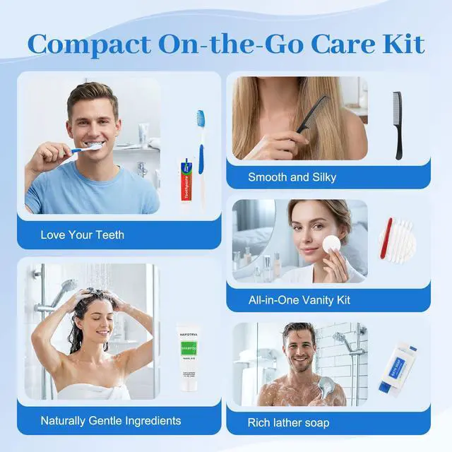 Alt view image 5 of 7 - 7-in-1 Travel Toiletries Kit Bulk, Disposable Personal Hygiene Kit with Toothbrush, Toothpaste, Floss, Shampoo, Soap, Comb, Vanity Kit with Zip Bag for Hotel Guest Donations Supplies, Pack of 10