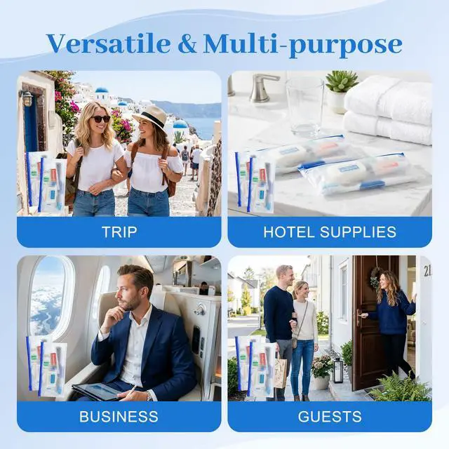 Alt view image 7 of 7 - 7-in-1 Travel Toiletries Kit Bulk, Disposable Personal Hygiene Kit with Toothbrush, Toothpaste, Floss, Shampoo, Soap, Comb, Vanity Kit with Zip Bag for Hotel Guest Donations Supplies, Pack of 10