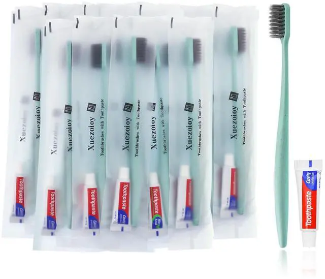 Main image of Disposable Toothbrushes with Toothpaste,30 Pack Green Individually Wrapped Disposable Travel Toothbrushes Kit in Bulk for Homeless,Nursing Home,Hotel,Charity