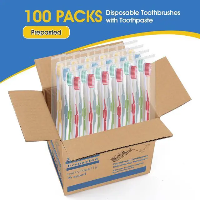 Alt view image 2 of 6 - 100 Packs Prepasted Disposable Toothbrush - Bulk Toothbrushes Individually Wrapped, for Travel Toothbrush Toiletries, OCC, Airbnb, Dentist, Office/4 Colorful