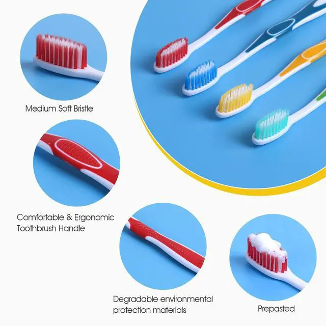 Alt view image 3 of 6 - 100 Packs Prepasted Disposable Toothbrush - Bulk Toothbrushes Individually Wrapped, for Travel Toothbrush Toiletries, OCC, Airbnb, Dentist, Office/4 Colorful
