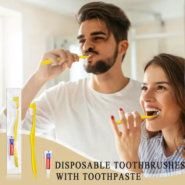 Alt view image 2 of 7 - Disposable Toothbrushes with Toothpaste,200 Pack Yellow Hollow Individually Wrapped Disposable Travel Toothbrushes Kit in Bulk for Homeless,Nursing Home,Hotel,Charity