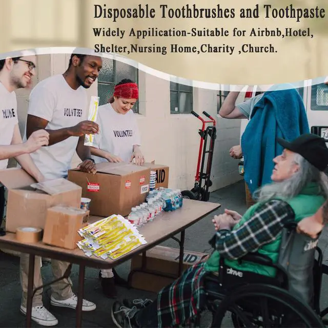 Alt view image 3 of 7 - Disposable Toothbrushes with Toothpaste,200 Pack Yellow Hollow Individually Wrapped Disposable Travel Toothbrushes Kit in Bulk for Homeless,Nursing Home,Hotel,Charity