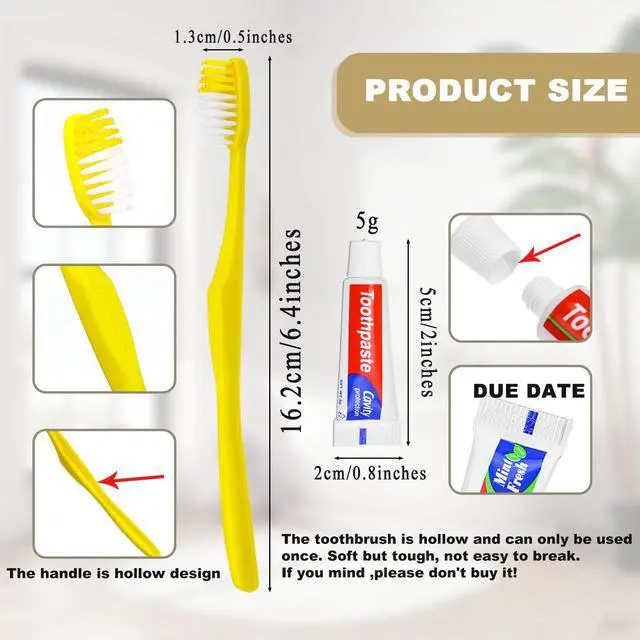 Alt view image 4 of 7 - Disposable Toothbrushes with Toothpaste,200 Pack Yellow Hollow Individually Wrapped Disposable Travel Toothbrushes Kit in Bulk for Homeless,Nursing Home,Hotel,Charity
