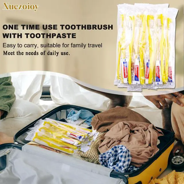 Alt view image 5 of 7 - Disposable Toothbrushes with Toothpaste,200 Pack Yellow Hollow Individually Wrapped Disposable Travel Toothbrushes Kit in Bulk for Homeless,Nursing Home,Hotel,Charity