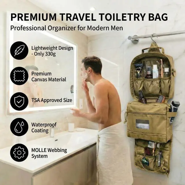 Alt view image 2 of 7 - Mens Toiletry Travel Bag Tactical Toiletry Bag for Men Bathroom Dopp Kit Hanging Travel Toiletry Bag for Men Shaving Hygiene Bag Travel Toiletry Organizer Short Trips Bag, Brown