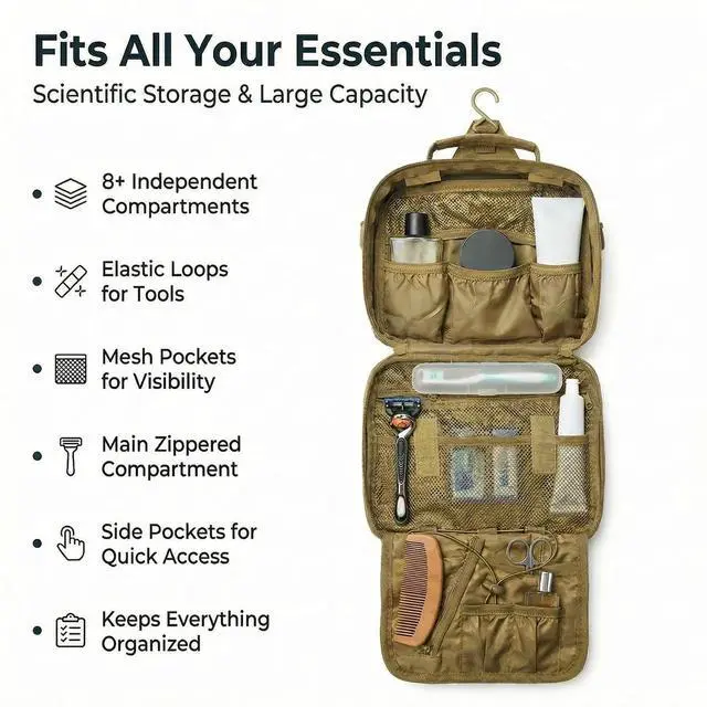 Alt view image 3 of 7 - Mens Toiletry Travel Bag Tactical Toiletry Bag for Men Bathroom Dopp Kit Hanging Travel Toiletry Bag for Men Shaving Hygiene Bag Travel Toiletry Organizer Short Trips Bag, Brown