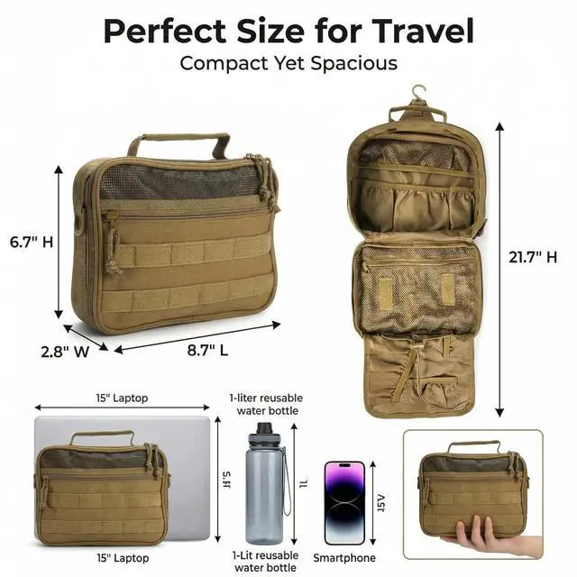 Alt view image 5 of 7 - Mens Toiletry Travel Bag Tactical Toiletry Bag for Men Bathroom Dopp Kit Hanging Travel Toiletry Bag for Men Shaving Hygiene Bag Travel Toiletry Organizer Short Trips Bag, Brown