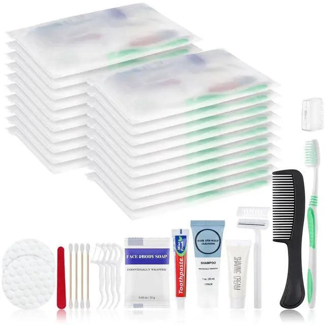 Main image of Travel Size Toiletries Kits Disposable Toiletry Set in Bulk, Portable Trial Size Personal Hygiene Care Package Supplies Amenities Essentials for Camping/ Hotel/Guest/Homeless/Charity 9-in-1 (20 Pack)