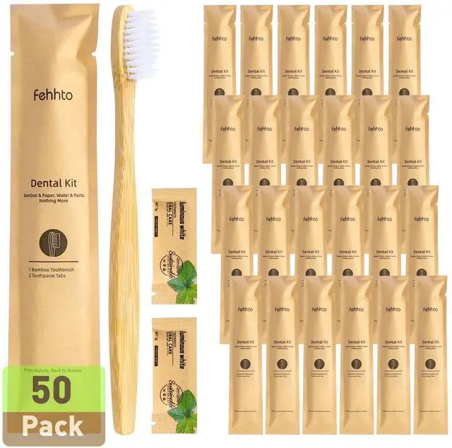 Main image of 50 Pack Bamboo Toothbrushes Kit, Disposable Travel Toothbrushes with Toothpaste (6g), Individually Wrapped Guest Dental Kit for Hotel Amenities, Airbnb Hosts, Travel & Camping