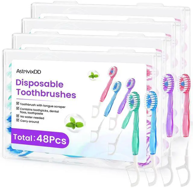 Main image of 48 Pack 5-in-1 Mini Toothbrush Disposable, Waterless Disposable Toothbrushes with Toothpaste, Floss, Tongue Scraper, Toothpick, Prepasted Toothbrushes for Travel Hotel