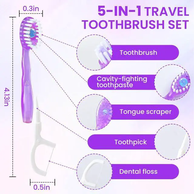 Alt view image 2 of 7 - 48 Pack 5-in-1 Mini Toothbrush Disposable, Waterless Disposable Toothbrushes with Toothpaste, Floss, Tongue Scraper, Toothpick, Prepasted Toothbrushes for Travel Hotel