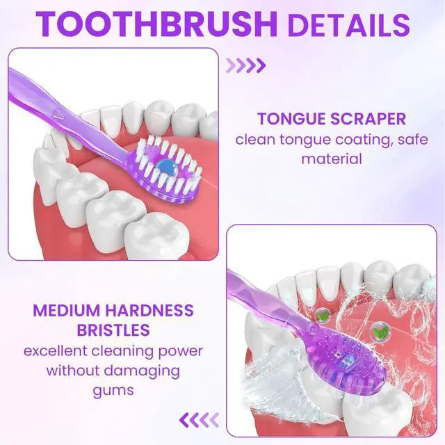 Alt view image 3 of 7 - 48 Pack 5-in-1 Mini Toothbrush Disposable, Waterless Disposable Toothbrushes with Toothpaste, Floss, Tongue Scraper, Toothpick, Prepasted Toothbrushes for Travel Hotel