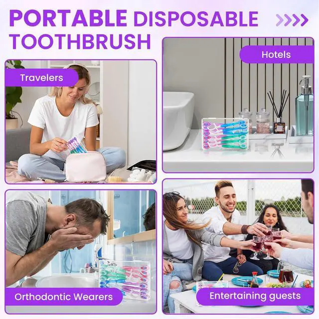Alt view image 7 of 7 - 48 Pack 5-in-1 Mini Toothbrush Disposable, Waterless Disposable Toothbrushes with Toothpaste, Floss, Tongue Scraper, Toothpick, Prepasted Toothbrushes for Travel Hotel