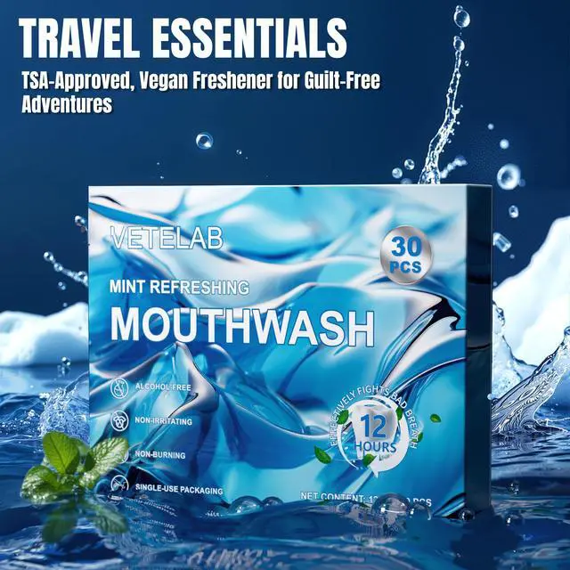 Alt view image 4 of 7 - Travel Size Mouthwash Packets - Mini Mint Mouthwash for Adults, Alcohol & Fluoride Free, TSA Friendly Travel Toiletries, Individually Wrapped, Fresh Breath for Travel, Office, On the Go, 30 Pack