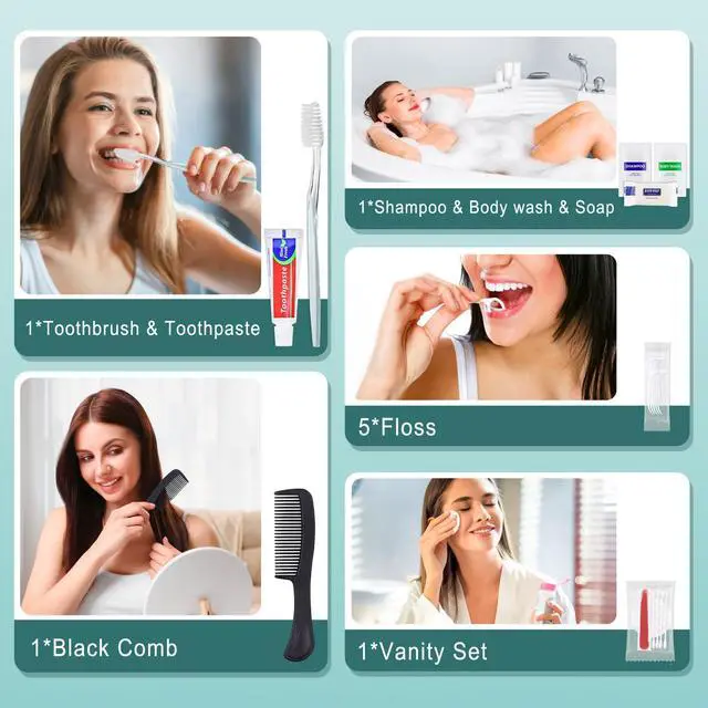 Alt view image 5 of 7 - 50 Sets Personal Hygiene Kit Bulk, Disposable Toothbrushes with Toothpaste Floss Comb Soap Cover Shampoo Body Wash and Vanity Kit, Toiletry Kits Homeless Supplies Bulk for Women,Men,Travel,Homeless
