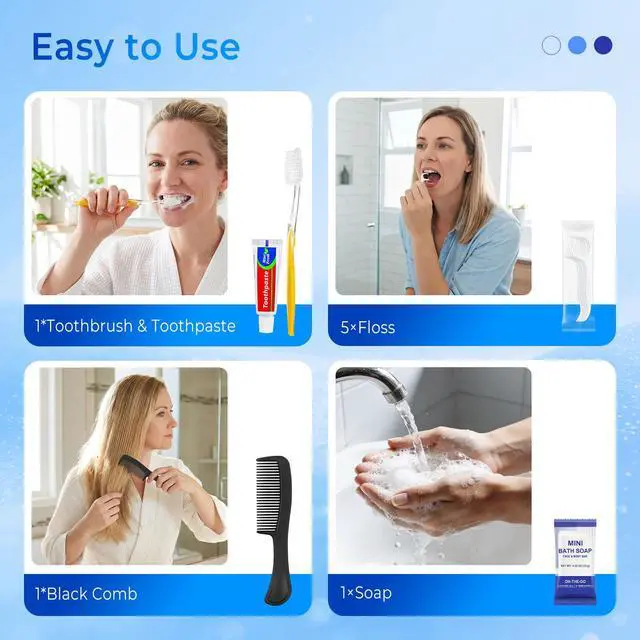 Alt view image 2 of 7 - 50 Sets Personal Hygiene Kit Bulk,Yellow Travel Size Basic Toiletry Supplies Disposable Toothbrushes with Toothpaste Floss Comb Soap Cover Set for Homeless,Guests,Church