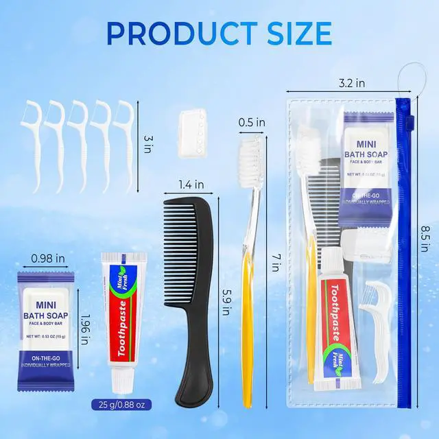 Alt view image 4 of 7 - 50 Sets Personal Hygiene Kit Bulk,Yellow Travel Size Basic Toiletry Supplies Disposable Toothbrushes with Toothpaste Floss Comb Soap Cover Set for Homeless,Guests,Church