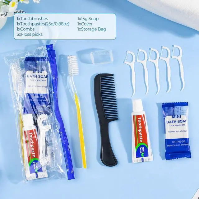 Alt view image 7 of 7 - 50 Sets Personal Hygiene Kit Bulk,Yellow Travel Size Basic Toiletry Supplies Disposable Toothbrushes with Toothpaste Floss Comb Soap Cover Set for Homeless,Guests,Church