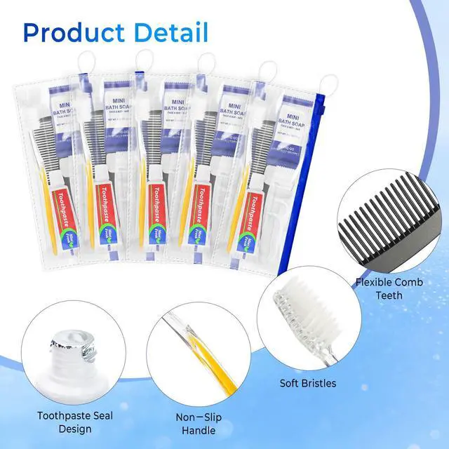 Alt view image 6 of 7 - 50 Sets Personal Hygiene Kit Bulk,Yellow Travel Size Basic Toiletry Supplies Disposable Toothbrushes with Toothpaste Floss Comb Soap Cover Set for Homeless,Guests,Church